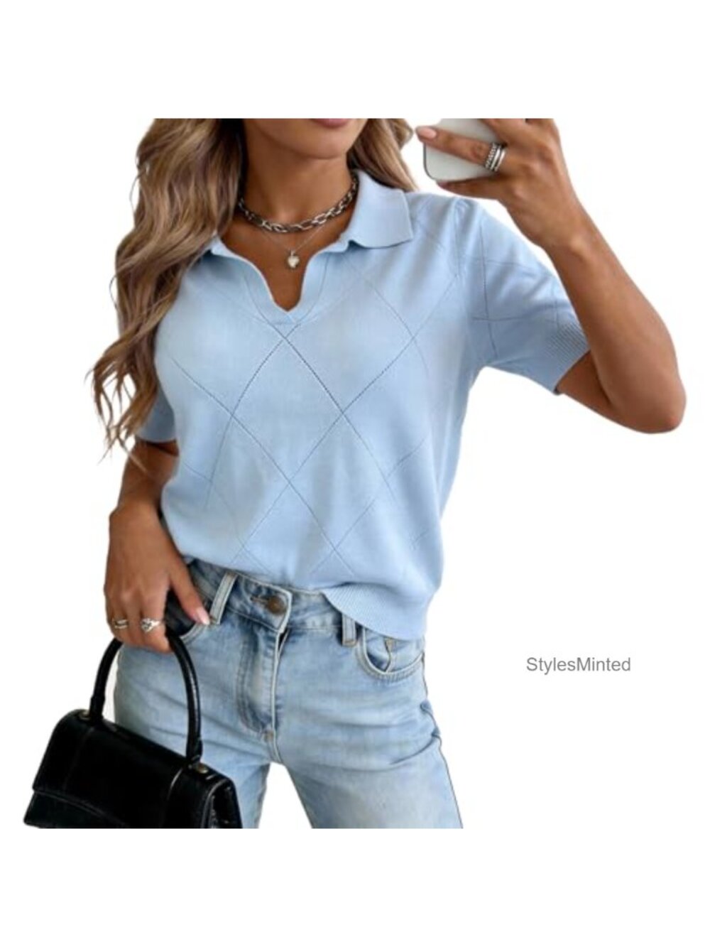 Women's Short Sleeve Knit Sweater V-Neck Openwork Lightweight
